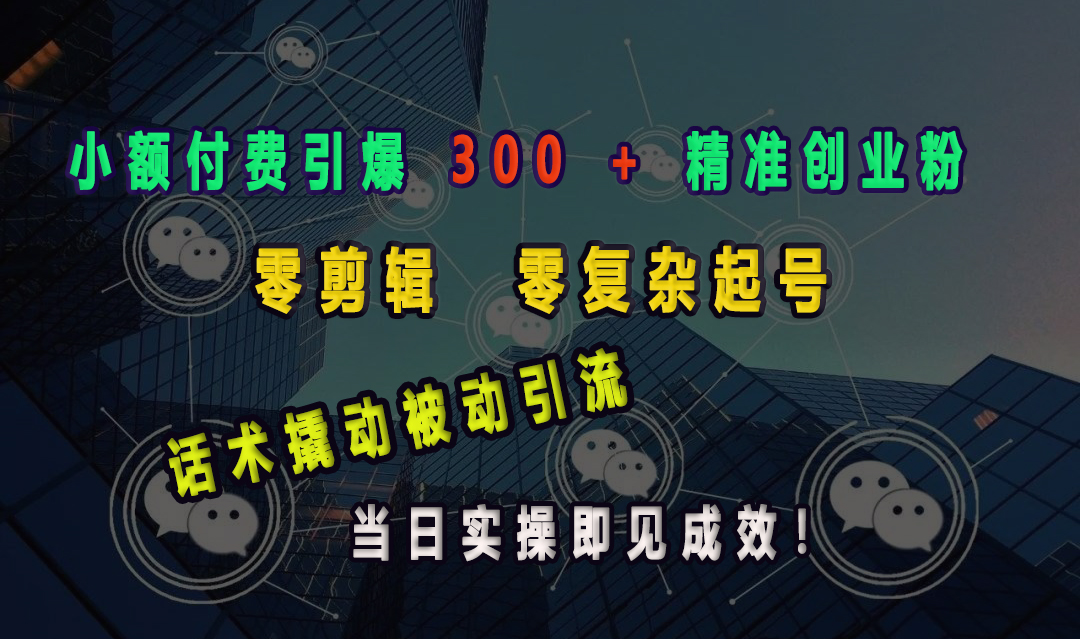 小额付费引爆 300 + 精准创业粉，零剪辑、零复杂起号，话术撬动被动引流，当日实操即见成效！-91集赚创业网