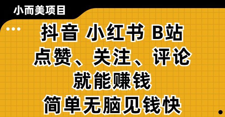 小而美的项目，抖音、小红书、B站视频点赞、关注、评论就能赚钱，简单无脑立见收益！妥妥的零撸项目-91集赚创业网